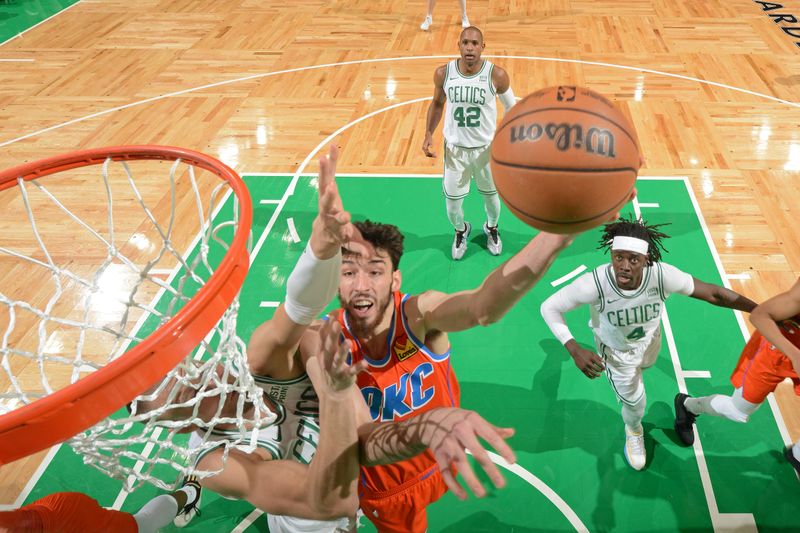 BOSTON, MA - APRIL 3: Chet Holmgren #7 of the Oklahoma City Thunder drives to the basket during the game against the Boston Celtics on April 3, 2024 at the TD Garden in Boston, Massachusetts. NOTE TO USER: User expressly acknowledges and agrees that, by downloading and or using this photograph, User is consenting to the terms and conditions of the Getty Images License Agreement. Mandatory Copyright Notice: Copyright 2024 NBAE  (Photo by Brian Babineau/NBAE via Getty Images)