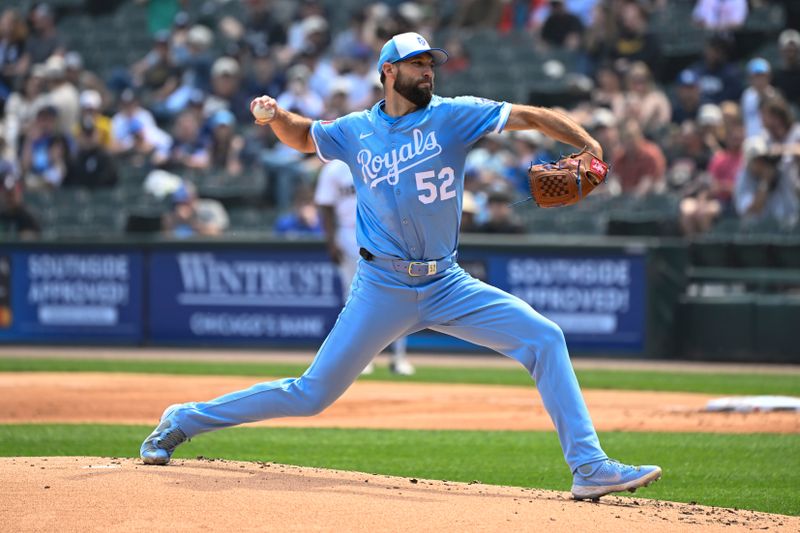 Jun 7, 2025; Chicago, Illinois, USA;  Kansas City Royals starting pitcher Michael Wacha (52) delivers against the Chicago White Sox during the first inning at Rate Field. Mandatory Credit: Matt Marton-Imagn Images