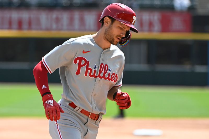 Apr 19, 2023; Chicago, Illinois, USA;  Philadelphia Phillies shortstop Trea Turner (7) rounds the bases after he hits a home run against the Chicago White Sox during the first inning at Guaranteed Rate Field. Mandatory Credit: Matt Marton-USA TODAY Sports