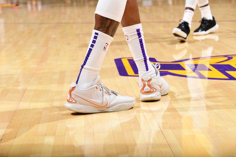 LOS ANGELES, CA - JANUARY 3: The sneakers worn by Jarred Vanderbilt #2 of the Los Angeles Lakers during the game against the Miami Heat on January 3, 2024 at Crypto.Com Arena in Los Angeles, California. NOTE TO USER: User expressly acknowledges and agrees that, by downloading and/or using this Photograph, user is consenting to the terms and conditions of the Getty Images License Agreement. Mandatory Copyright Notice: Copyright 2024 NBAE (Photo by Adam Pantozzi/NBAE via Getty Images)