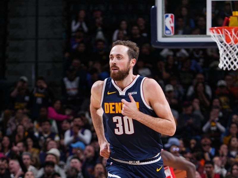 DENVER, CO - FEBRUARY 22: Jay Huff #30 of the Denver Nuggets looks on during the game against the Washington Wizards on February 22, 2024 at the Ball Arena in Denver, Colorado. NOTE TO USER: User expressly acknowledges and agrees that, by downloading and/or using this Photograph, user is consenting to the terms and conditions of the Getty Images License Agreement. Mandatory Copyright Notice: Copyright 2024 NBAE (Photo by Garrett Ellwood/NBAE via Getty Images)