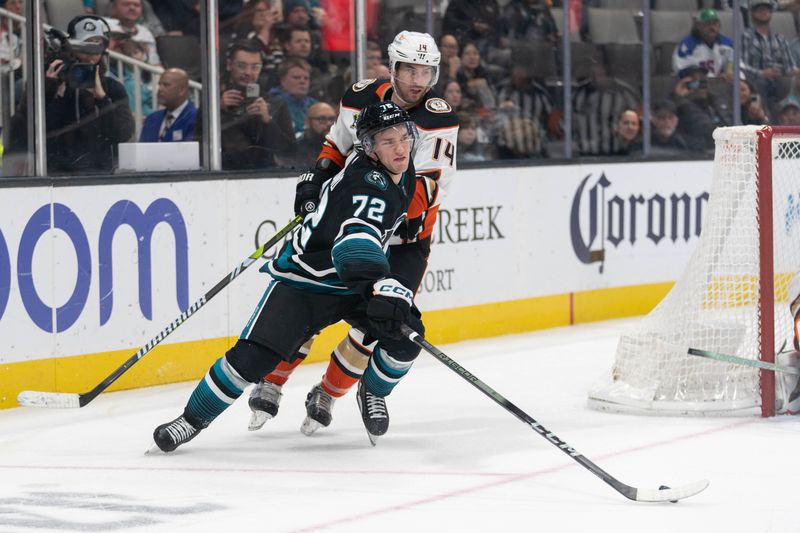 Feb 29, 2024; San Jose, California, USA;  San Jose Sharks left wing William Eklund (72) controls the puck during the second period against Anaheim Ducks center Adam Henrique (14) at SAP Center at San Jose. Mandatory Credit: Stan Szeto-USA TODAY Sports