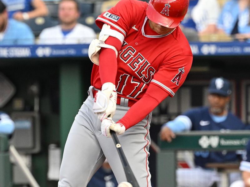 Jun 16, 2023; Kansas City, Missouri, USA; Los Angeles Angels designated hitter Shohei Ohtani (17) hits a double in the first inning against the Kansas City Royals at Kauffman Stadium. Mandatory Credit: Peter Aiken-USA TODAY Sports