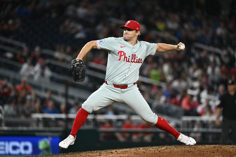 Sep 27, 2024; Washington, District of Columbia, USA;  Philadelphia Phillies pitcher Tanner Banks (58) throws a pitch during the eighth inning against the Washington Nationals at Nationals Park. Mandatory Credit: James A. Pittman-Imagn Images