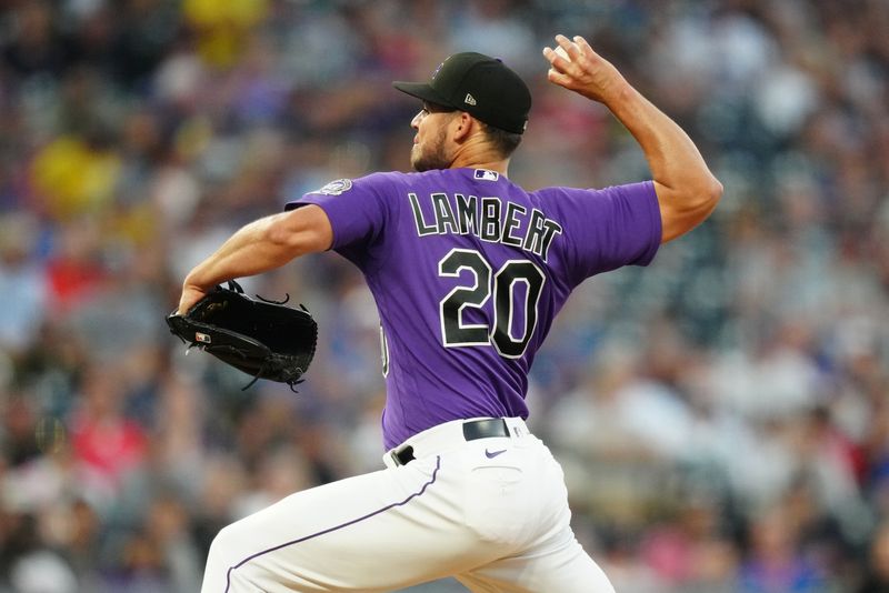 Aug 29, 2023; Denver, Colorado, USA; Colorado Rockies relief pitcher Peter Lambert (20) delivers a pitch in the  fourth inning against the Atlanta Braves at Coors Field. Mandatory Credit: Ron Chenoy-USA TODAY Sports