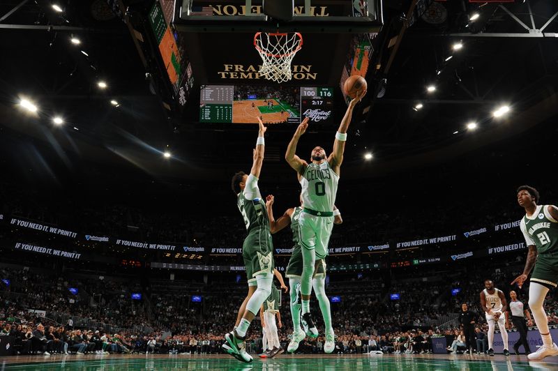 BOSTON, MA - OCTOBER 28: Jayson Tatum #0 of the Boston Celtics shoots the ball during the game against the Milwaukee Bucks on October 28, 2024 at TD Garden in Boston, Massachusetts. NOTE TO USER: User expressly acknowledges and agrees that, by downloading and/or using this Photograph, user is consenting to the terms and conditions of the Getty Images License Agreement. Mandatory Copyright Notice: Copyright 2024 NBAE (Photo by Brian Babineau/NBAE via Getty Images)