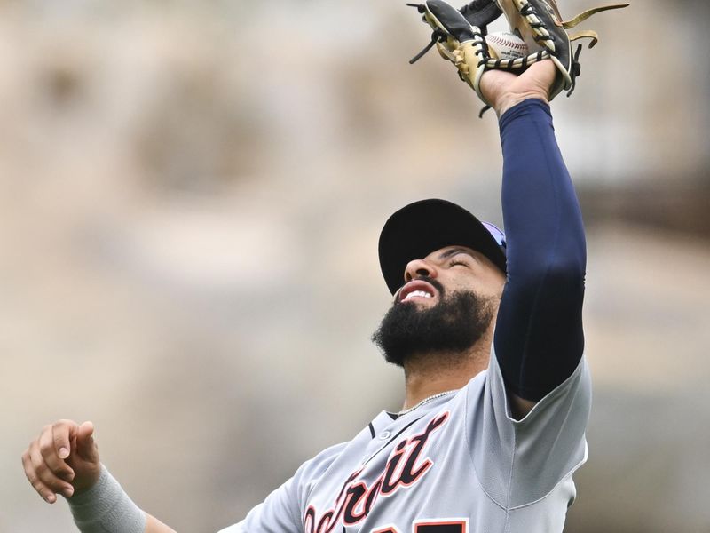 May 4, 2025; Anaheim, California, USA; Detroit Tigers second baseman Gleyber Torres (25) makes a catch against the Los Angeles Angels during the fourth inning at Angel Stadium. Mandatory Credit: Jonathan Hui-Imagn Images