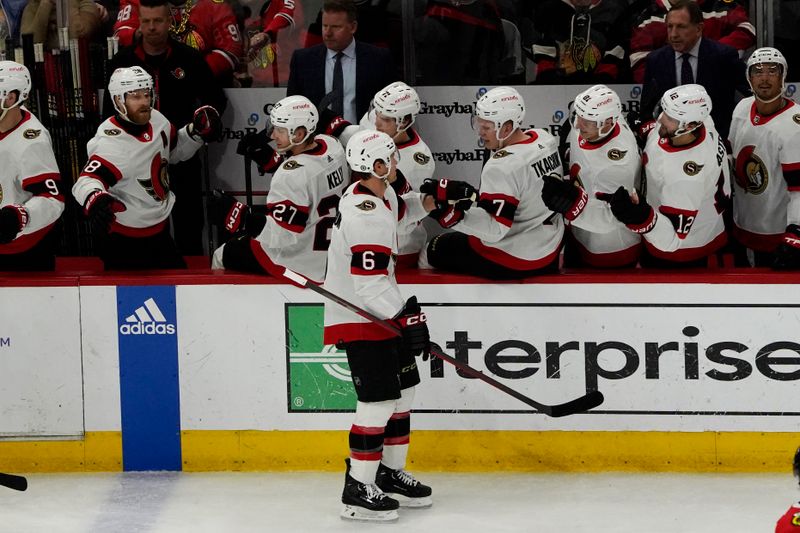 Feb 17, 2024; Chicago, Illinois, USA; Ottawa Senators defenseman Jakob Chychrun (6) celebrates his goal against the Chicago Blackhawks during the second period at United Center. Mandatory Credit: David Banks-USA TODAY Sports