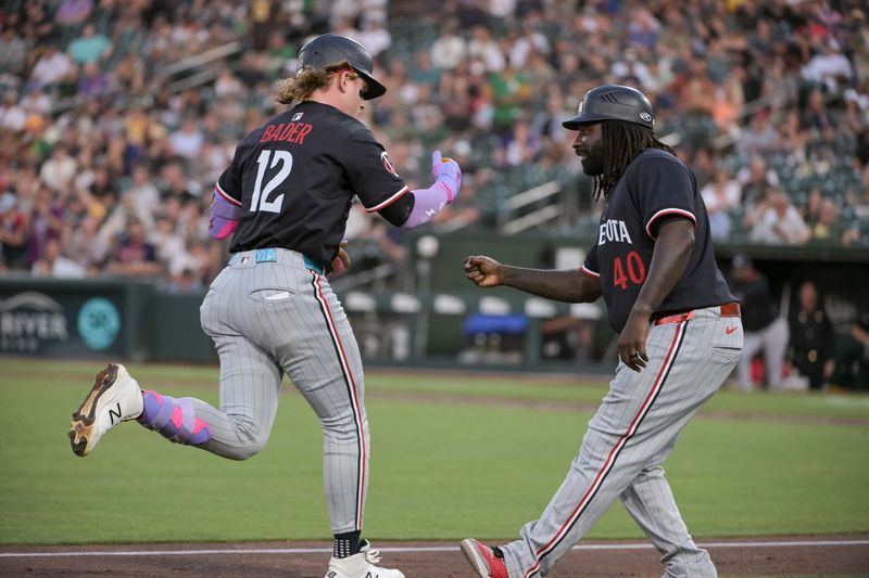 Jun 4, 2025; West Sacramento, California, USA; Minnesota Twins outfielder Harrison Bader (12) celebrates with third base coach/outfield coach Tommy Watkins (40) after hitting a home run against the Athletics during the fifth inning at Sutter Health Park. Mandatory Credit: Ed Szczepanski-Imagn Images