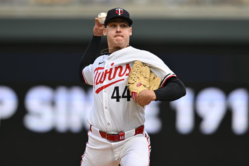 May 4, 2024; Minneapolis, Minnesota, USA; Minnesota Twins pitcher Cole Sands (44) throws a pitch against the Boston Red Sox for a save during the ninth inning at Target Field. Mandatory Credit: Jeffrey Becker-USA TODAY Sports