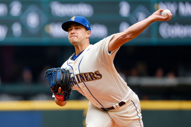 May 28, 2023; Seattle, Washington, USA; Seattle Mariners starting pitcher Marco Gonzales (7) throws against the Pittsburgh Pirates during the first inning at T-Mobile Park. Mandatory Credit: Joe Nicholson-USA TODAY Sports