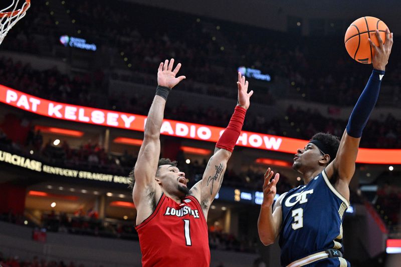 Feb 21, 2026; Louisville, Kentucky, USA;  Georgia Tech Yellow Jackets guard Jaeden Mustaf (3) shoots against Louisville Cardinals guard J'vonne Hadley (1) during the first half at KFC Yum! Center. Mandatory Credit: Jamie Rhodes-Imagn Images