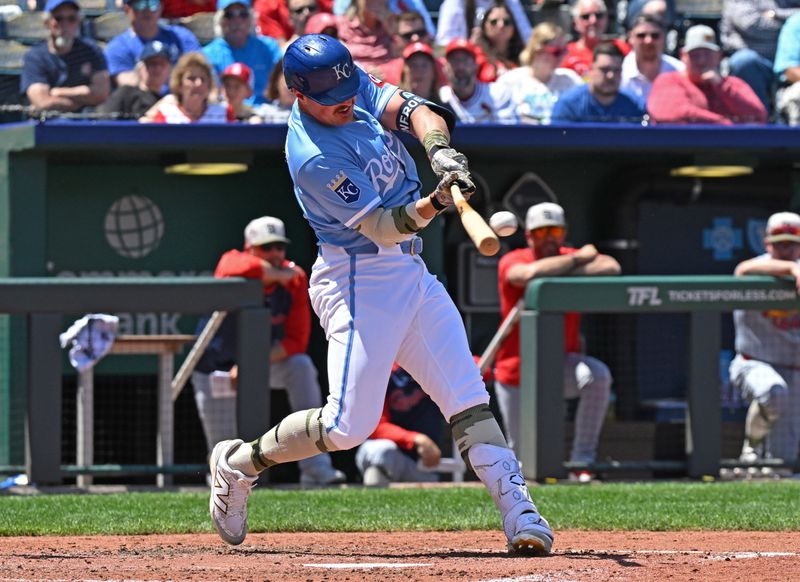 May 18, 2025; Kansas City, Missouri, USA;  Kansas City Royals right fielder Hunter Renfroe (16) doubles in the fourth inning against the St. Louis Cardinals at Kauffman Stadium. Mandatory Credit: Peter Aiken-Imagn Images