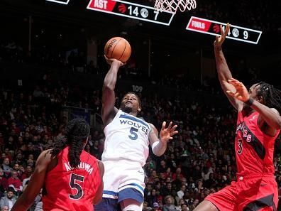 TORONTO, CANADA - OCTOBER 25: Anthony Edwards #5 of the Minnesota Timberwolves shoots the ball during the game against the Toronto Raptors on October 25, 2023 at the Scotiabank Arena in Toronto, Ontario, Canada.  NOTE TO USER: User expressly acknowledges and agrees that, by downloading and or using this Photograph, user is consenting to the terms and conditions of the Getty Images License Agreement.  Mandatory Copyright Notice: Copyright 2023 NBAE (Photo by Mark Blinch/NBAE via Getty Images)