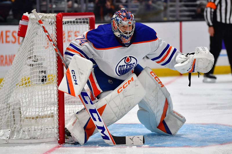 Apr 29, 2023; Los Angeles, California, USA; Edmonton Oilers goaltender Stuart Skinner (74) defends the goal against the Los Angeles Kings during the second period in game six of the first round of the 2023 Stanley Cup Playoffs at Crypto.com Arena. Mandatory Credit: Gary A. Vasquez-USA TODAY Sports