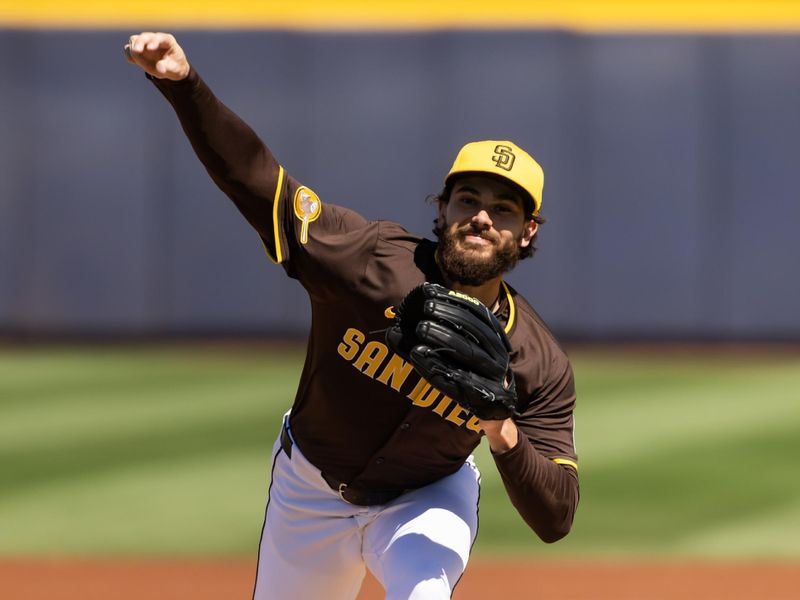 Mar 11, 2025; Peoria, Arizona, USA; San Diego Padres pitcher Dylan Cease against the Chicago White Sox during a spring training game at Peoria Sports Complex. Mandatory Credit: Mark J. Rebilas-Imagn Images