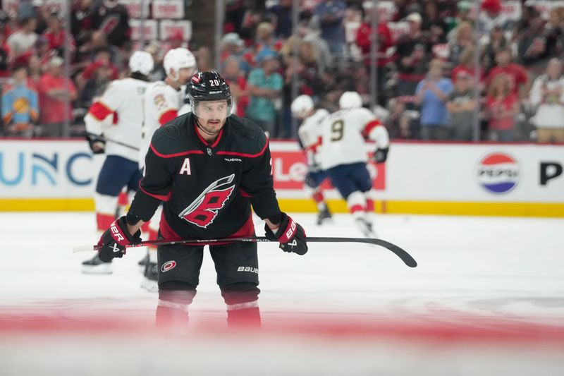 May 20, 2025; Raleigh, North Carolina, USA; Carolina Hurricanes forward Sebastian Aho (20) warms up priorto the during the first period against the Florida Panthers in game one of the Eastern Conference Final of the 2025 Stanley Cup Playoffs at Lenovo Center. Mandatory Credit: James Guillory-Imagn Images