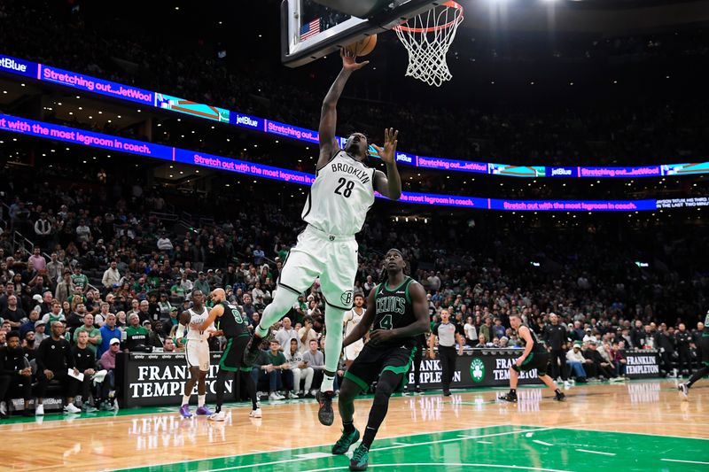 BOSTON, MA - NOVEMBER 8: Dorian Finney-Smith #28 of the Brooklyn Nets drives to the basket during the game against the Boston Celtics on November 8, 2024 at TD Garden in Boston, Massachusetts. NOTE TO USER: User expressly acknowledges and agrees that, by downloading and/or using this Photograph, user is consenting to the terms and conditions of the Getty Images License Agreement. Mandatory Copyright Notice: Copyright 2024 NBAE (Photo by Brian Babineau/NBAE via Getty Images)