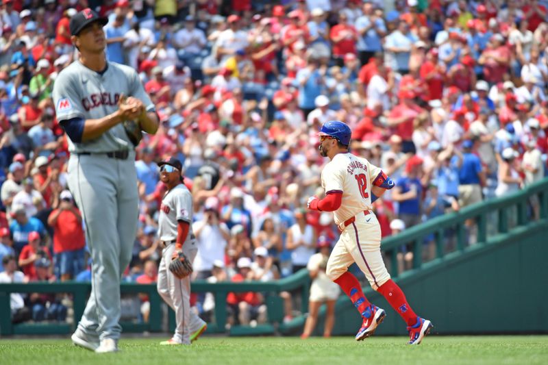 Jul 28, 2024; Philadelphia, Pennsylvania, USA; Philadelphia Phillies designated hitter Kyle Schwarber (12) runs the bases after hitting a two-run home run against Cleveland Guardians starting pitcher Joey Cantillo (54) during the third inning at Citizens Bank Park. Mandatory Credit: Eric Hartline-USA TODAY Sports