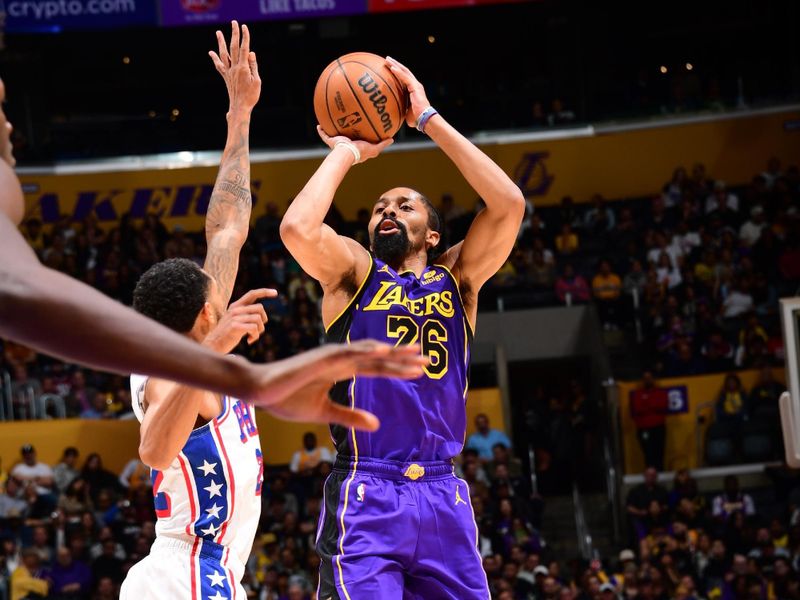 LOS ANGELES, CA - MARCH 22: Spencer Dinwiddie #26 of the Los Angeles Lakers shoots the ball during the game against the Philadelphia 76ers on March 22, 2024 at Crypto.Com Arena in Los Angeles, California. NOTE TO USER: User expressly acknowledges and agrees that, by downloading and/or using this Photograph, user is consenting to the terms and conditions of the Getty Images License Agreement. Mandatory Copyright Notice: Copyright 2024 NBAE (Photo by Adam Pantozzi/NBAE via Getty Images)