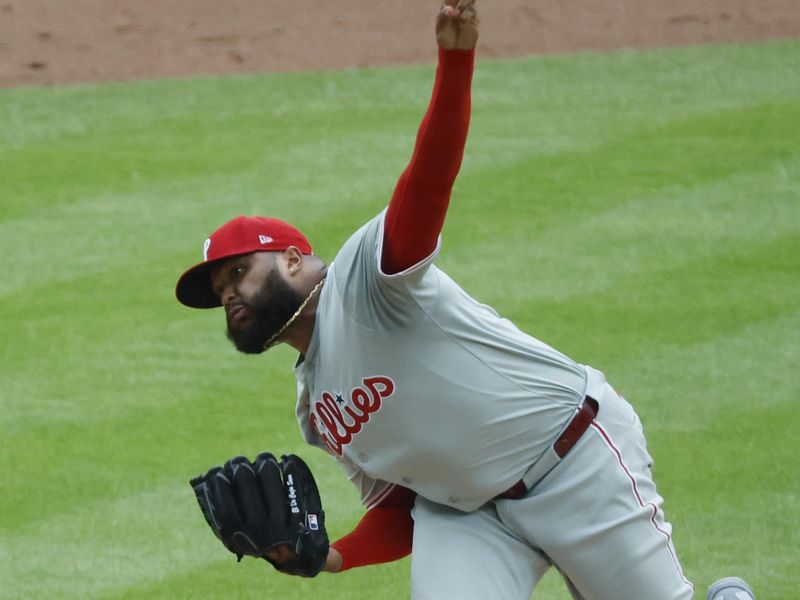 Jun 26, 2024; Detroit, Michigan, USA;  Philadelphia Phillies relief pitcher Jose Alvarado (46) throws against the Detroit Tigers in the ninth inning at Comerica Park. Mandatory Credit: Rick Osentoski-USA TODAY Sports