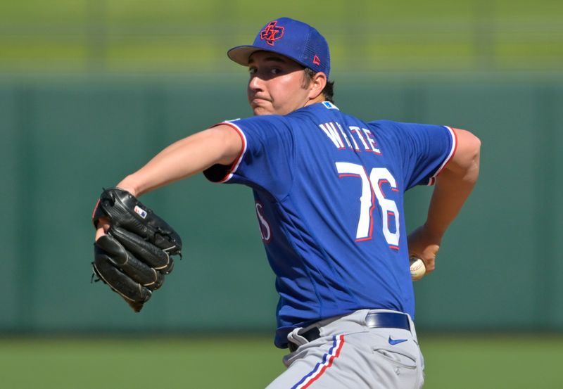 Feb 24, 2023; Surprise, Arizona, USA;  Texas Rangers pitcher Owen White (76) throws to the plate in the fourth inning of a spring training game against the Kansas City Royals at Surprise Stadium in Surprise, AZ. Mandatory Credit: Jayne Kamin-Oncea-USA TODAY Sports