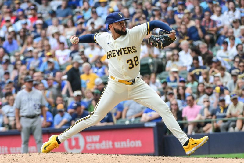 Aug 9, 2023; Milwaukee, Wisconsin, USA; Milwaukee Brewers pitcher Devin Williams (38) throws against the Colorado Rockies in the ninth inning at American Family Field. Mandatory Credit: Benny Sieu-USA TODAY Sports