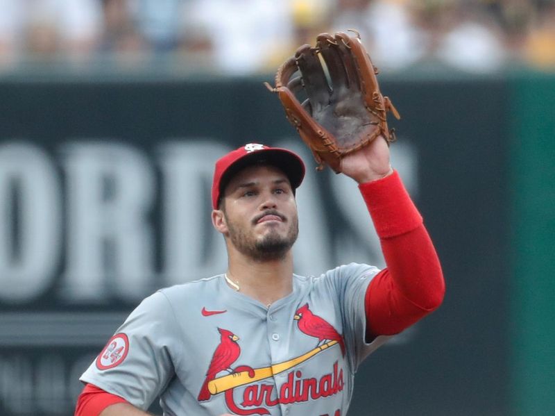 Jul 22, 2024; Pittsburgh, Pennsylvania, USA;  St. Louis Cardinals third baseman Nolan Arenado (28) makes a catch for an out against Pittsburgh Pirates designated hitter Andrew McCutchen (not pictured) during the first inning at PNC Park. Mandatory Credit: Charles LeClaire-USA TODAY Sports