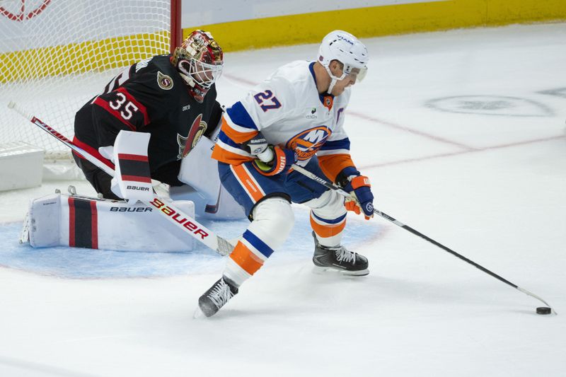 Oct 18, 2025; Ottawa, Ontario, CAN; New York Islanders left wing Anders Lee (27) skates unckecked with the puck in front of Ottawa Senators goalie Linus Ullmark (35) in the third period at the Canadian Tire Centre. Mandatory Credit: Marc DesRosiers-IMAGN Images