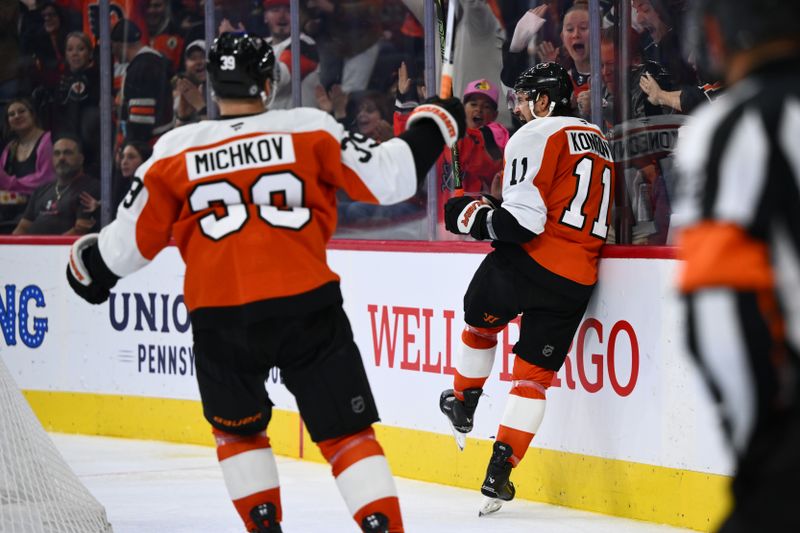 Oct 26, 2024; Philadelphia, Pennsylvania, USA; Philadelphia Flyers right wing Travis Konecny (11) reacts after scoring a goal against the Minnesota Wild in the third period at Wells Fargo Center. Mandatory Credit: Kyle Ross-Imagn Images