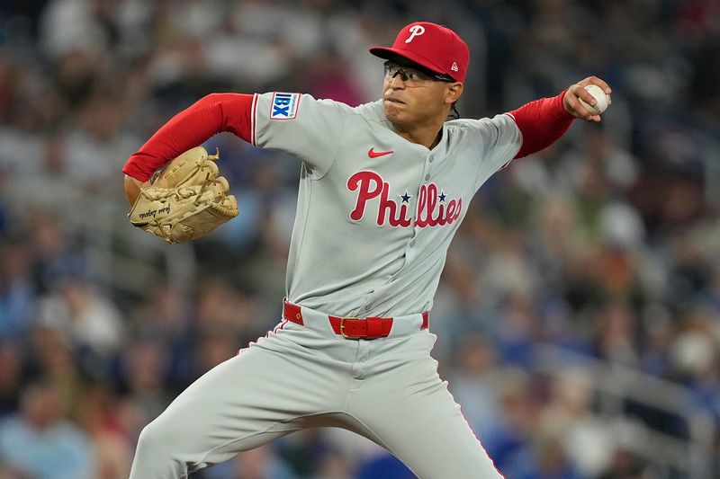Jun 5, 2025; Toronto, Ontario, CAN; Philadelphia Phillies starting pitcher Jesus Luzardo (44) pitches to the Toronto Blue Jays during the third inning at Rogers Centre. Mandatory Credit: John E. Sokolowski-Imagn Images