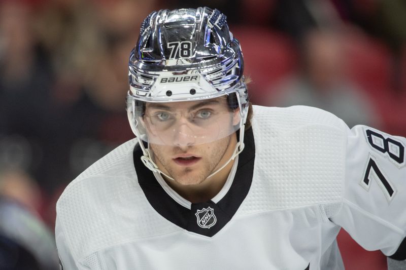 Nov 2, 2023; Ottawa, Ontario, CAN; Los Angeles Kings right wing Alex Laferriere (78) follows the puck in the second period against the Ottawa Senators at the Canadian Tire Centre. Mandatory Credit: Marc DesRosiers-USA TODAY Sports