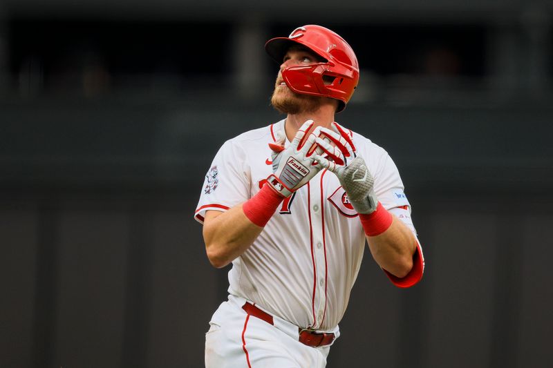 Jul 9, 2024; Cincinnati, Ohio, USA; Cincinnati Reds catcher Tyler Stephenson (37) runs the bases after hitting a solo home run in the second inning against the Colorado Rockies at Great American Ball Park. Mandatory Credit: Katie Stratman-USA TODAY Sports