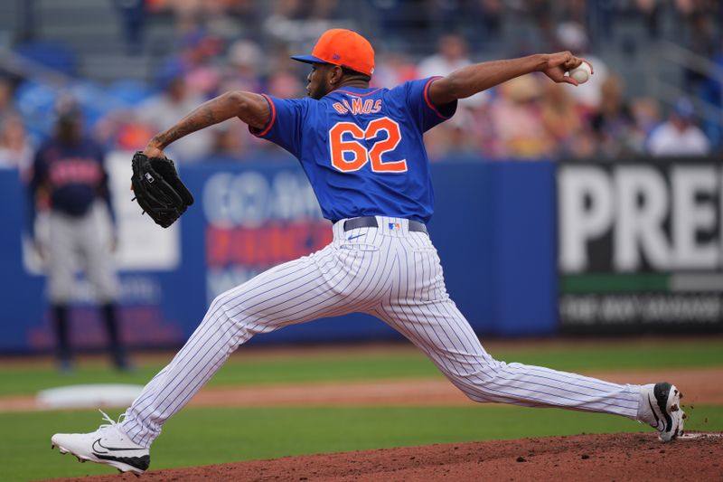 Mar 23, 2024; Port St. Lucie, Florida, USA;  New York Mets relief pitcher Wilkin Ramos (62) pitches in the first inning against the Houston Astros at Clover Park. Mandatory Credit: Jim Rassol-USA TODAY Sports