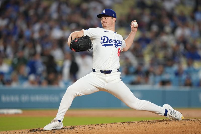 Apr 29, 2025; Los Angeles, California, USA; Los Angeles Dodgers pitcher Jack Dreyer (86) throws during the second inning against the Miami Marlins at Dodger Stadium. Mandatory Credit: Kirby Lee-Imagn Images