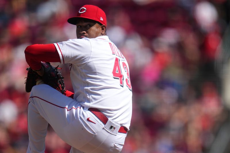 Jun 25, 2023; Cincinnati, Ohio, USA; Cincinnati Reds relief pitcher Alexis Diaz (43) delivers in the eighth inning of a baseball game against the Atlanta Braves at Great American Ball Park. The Atlanta Braves won, 7-6. Mandatory Credit: Kareem Elgazzar-USA TODAY Sports