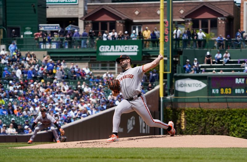 May 7, 2025; Chicago, Illinois, USA; San Francisco Giants pitcher Robbie Ray (38) throws the ball against the San Francisco Giants during the first inning at Wrigley Field. Mandatory Credit: David Banks-Imagn Images