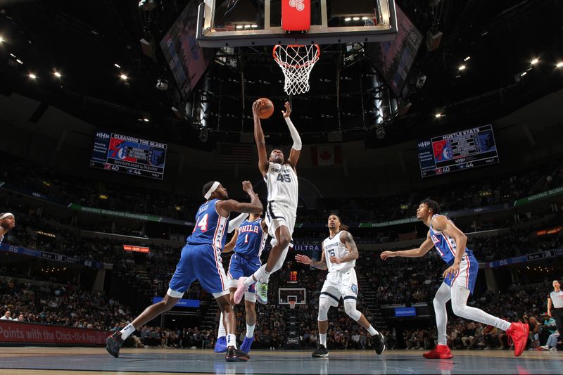 MEMPHIS, TN - APRIL 6: GG Jackson #45 of the Memphis Grizzlies drives to the basket during the game against the Philadelphia 76ers on April 6, 2024 at FedExForum in Memphis, Tennessee. NOTE TO USER: User expressly acknowledges and agrees that, by downloading and or using this photograph, User is consenting to the terms and conditions of the Getty Images License Agreement. Mandatory Copyright Notice: Copyright 2024 NBAE (Photo by Joe Murphy/NBAE via Getty Images)