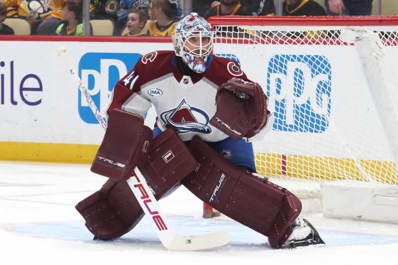 Mar 24, 2026; Pittsburgh, Pennsylvania, USA;  Colorado Avalanche goaltender Scott Wedgewood (41) guards the net against the Pittsburgh Penguins during the first period at PPG Paints Arena. Mandatory Credit: Charles LeClaire-Imagn Images