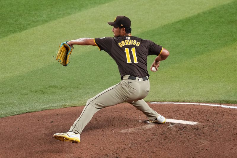 Sep 27, 2024; Phoenix, Arizona, USA; San Diego Padres pitcher Yu Darvish (11) during the third inning at Chase Field. Mandatory Credit: Joe Camporeale-Imagn Images