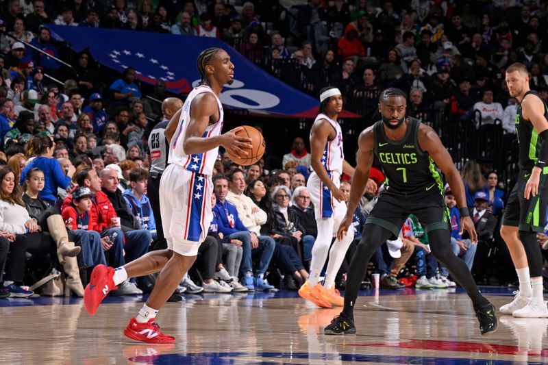 PHILADELPHIA, PA - FEBRUARY 2: Tyrese Maxey #0 of the Philadelphia 76ers handles the ball during the game against the Boston Celtics on February 2, 2025 at the Wells Fargo Center in Philadelphia, Pennsylvania NOTE TO USER: User expressly acknowledges and agrees that, by downloading and/or using this Photograph, user is consenting to the terms and conditions of the Getty Images License Agreement. Mandatory Copyright Notice: Copyright 2025 NBAE (Photo by David Dow/NBAE via Getty Images)