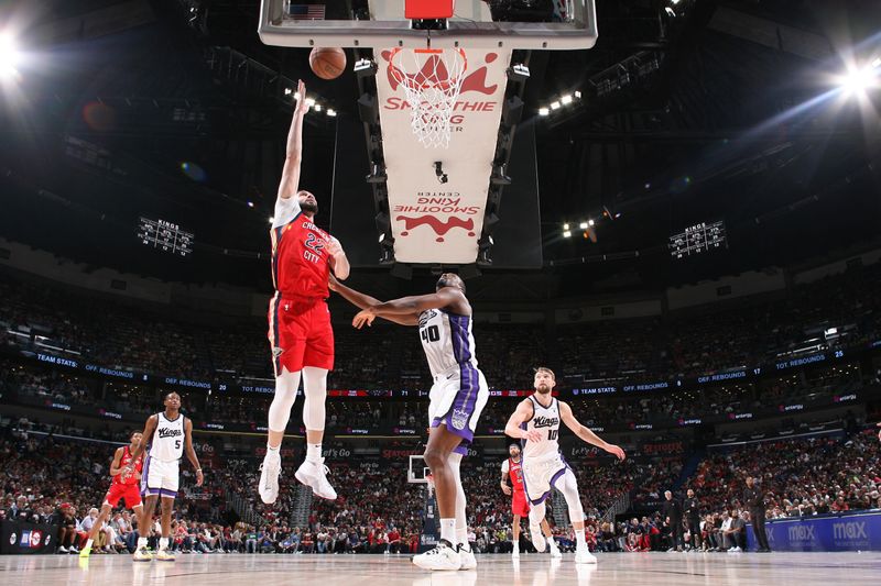 NEW ORLEANS, LA - APRIL 19: Larry Nance Jr. #22 of the New Orleans Pelicans shoots the ball during the game against the Sacramento Kings during the 2024 NBA Play-In Tournament on April 19, 2024 at the Smoothie King Center in New Orleans, Louisiana. NOTE TO USER: User expressly acknowledges and agrees that, by downloading and or using this Photograph, user is consenting to the terms and conditions of the Getty Images License Agreement. Mandatory Copyright Notice: Copyright 2024 NBAE (Photo by Layne Murdoch Jr./NBAE via Getty Images)