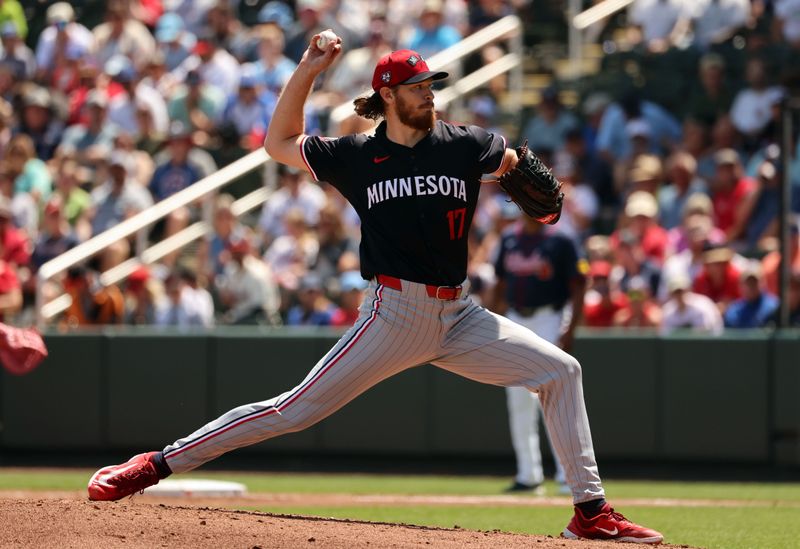 Mar 25, 2024; North Port, Florida, USA; Minnesota Twins starting pitcher Bailey Ober (17) throws a pitch during the first inning against the Atlanta Braves at CoolToday Park. Mandatory Credit: Kim Klement Neitzel-USA TODAY Sports