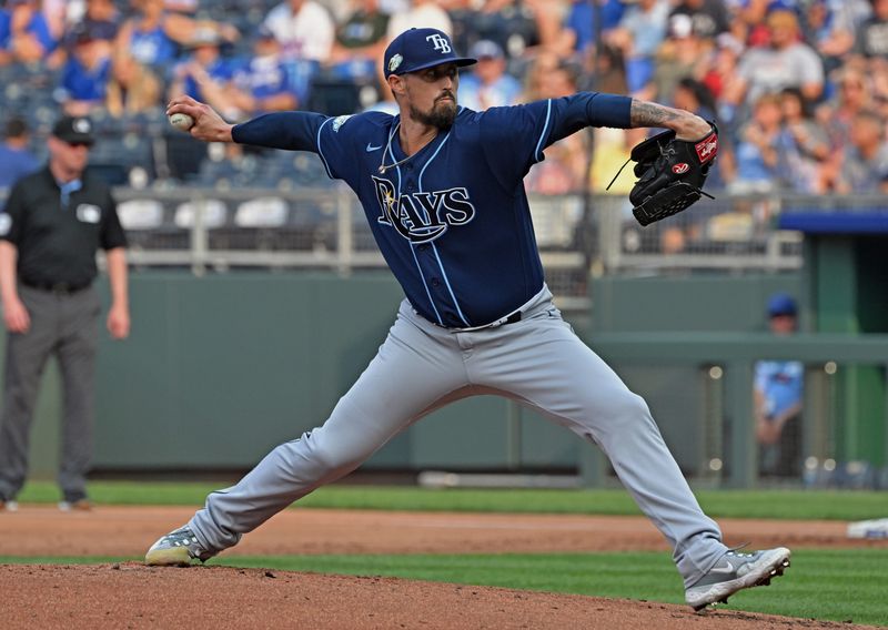 Jul 15, 2023; Kansas City, Missouri, USA;  Tampa Bay Rays starting pitcher Shawn Armstrong (64) delivers against the Kansas City Royals in the first inning at Kauffman Stadium. Mandatory Credit: Peter Aiken-USA TODAY Sports