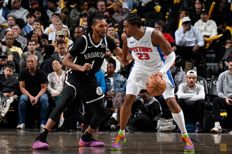 BROOKLYN, NY - NOVEMBER 3: Jaden Ivey #23 of the Detroit Pistons handles the ball during the game against the Brooklyn Nets on November 3, 2024 at Barclays Center in Brooklyn, New York. NOTE TO USER: User expressly acknowledges and agrees that, by downloading and or using this Photograph, user is consenting to the terms and conditions of the Getty Images License Agreement. Mandatory Copyright Notice: Copyright 2024 NBAE (Photo by David Dow/NBAE via Getty Images)