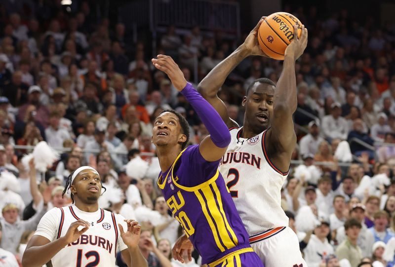 Jan 13, 2024; Auburn, Alabama, USA;  Auburn Tigers forward Jaylin Williams (2) grabs a rebound over LSU Tigers forward Derek Fountain (20) during the first half at Neville Arena. Mandatory Credit: John Reed-USA TODAY Sports