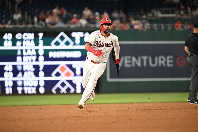 Aug 6, 2024; Washington, District of Columbia, USA; Washington Nationals second baseman Luis Garcia Jr. (2) runs to third base against the San Francisco Giants during the fourth inning at Nationals Park. Mandatory Credit: Rafael Suanes-USA TODAY Sports