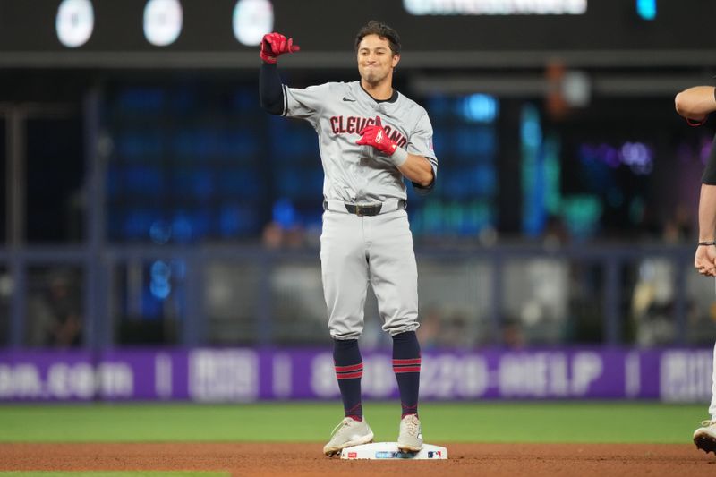 Jun 7, 2024; Miami, Florida, USA;  Cleveland Guardians center fielder Tyler Freeman (2) celebrates a double against the Miami Marlins in the first inning at loanDepot Park. Mandatory Credit: Jim Rassol-USA TODAY Sports