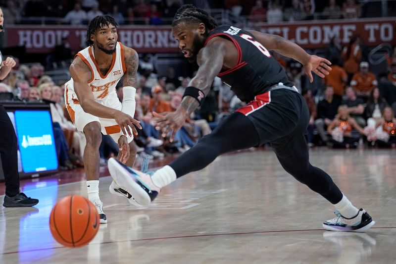 Jan 6, 2024; Austin, Texas, USA; Texas Longhorns guard Tyrese Hunter (4) passes the ball while defended by Texas Tech Red Raiders guard Joe Toussaint (6) during the first half at Moody Center. Mandatory Credit: Scott Wachter-USA TODAY Sports