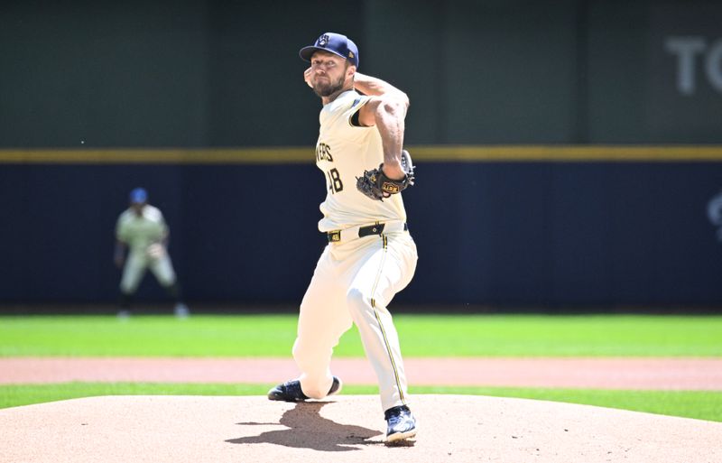 May 1, 2024; Milwaukee, Wisconsin, USA; Milwaukee Brewers starting pitcher Colin Rea (48) delivers a pitch against the Tampa Bay Rays in the first inning at American Family Field. Mandatory Credit: Michael McLoone-USA TODAY Sports